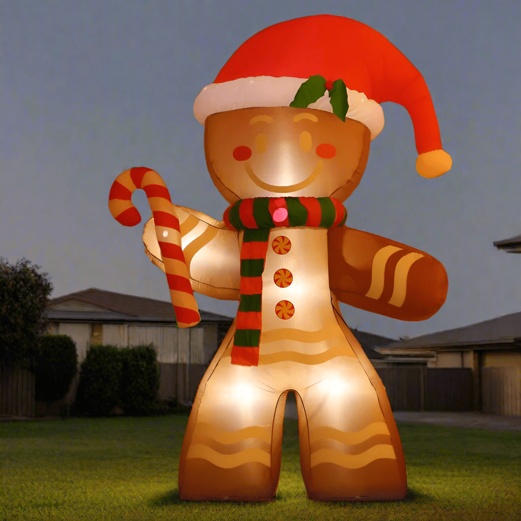 Gingerbread Man with Festive Candy Cane Inflatable - 240cm