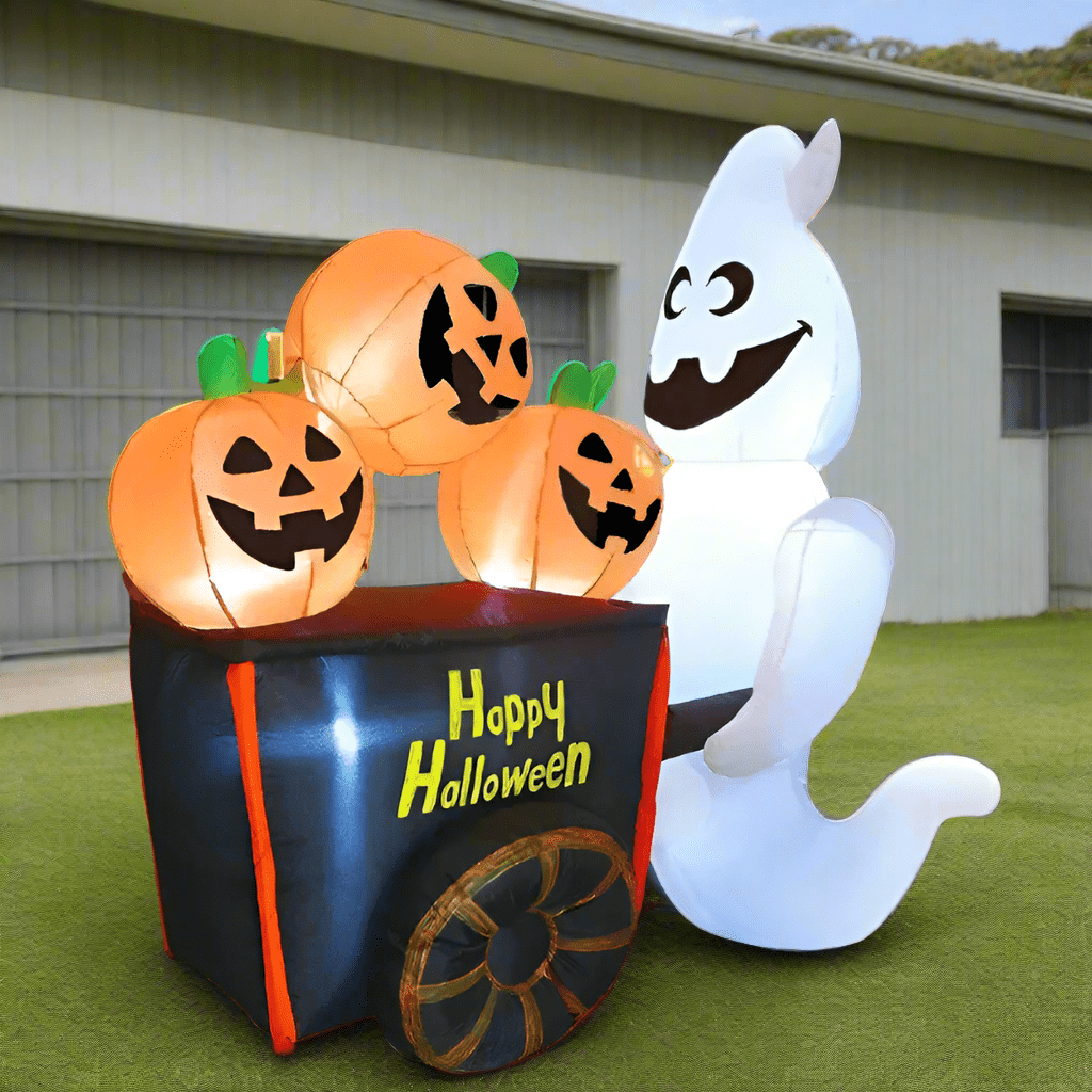 Halloween Inflatable Ghost Pushing Pumpkin Cart with Built - in LEDs - 180cm (1.8m)