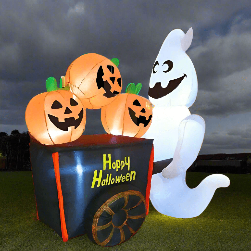 Halloween Inflatable Ghost Pushing Pumpkin Cart with Built - in LEDs - 180cm (1.8m)