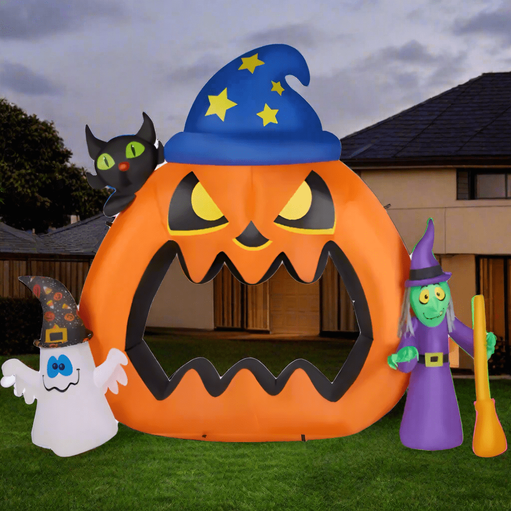 Halloween Inflatable Pumpkin Frame with Ghost, Black Cat and Witch - 200cm
