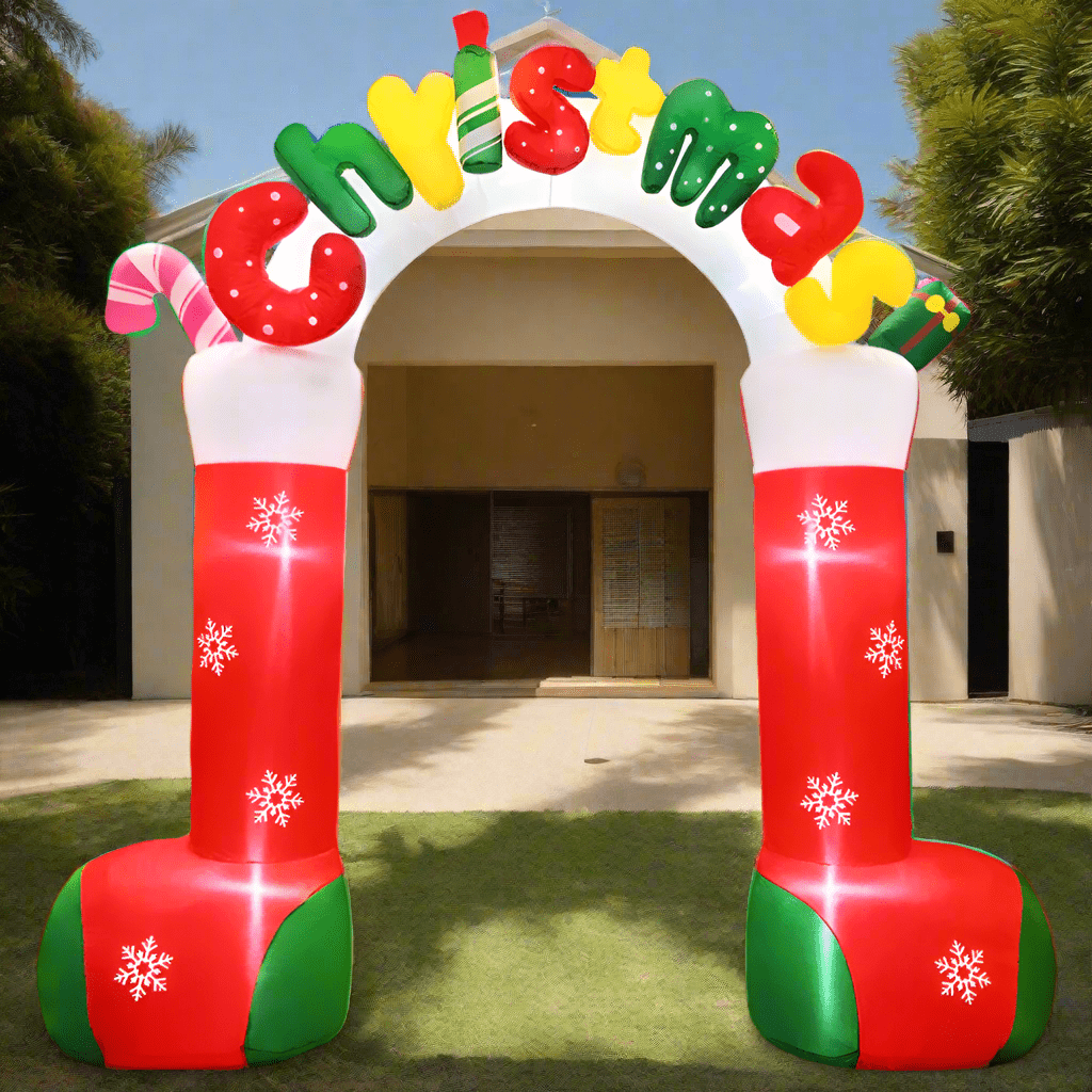 Inflatable Christmas arch with colorful letters on a white background