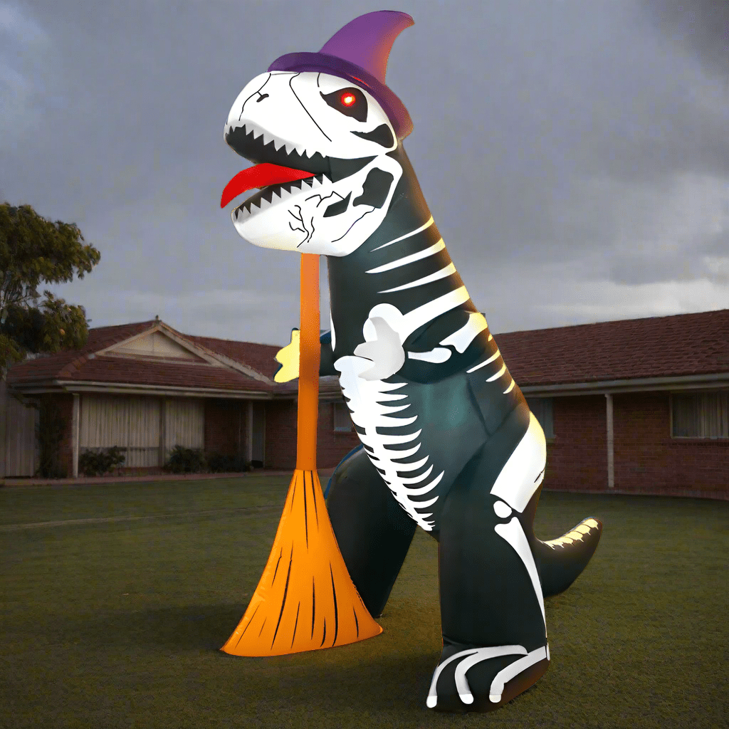 Inflatable Skeleton Dinosaur with Witch Hat and Broom - 240cm