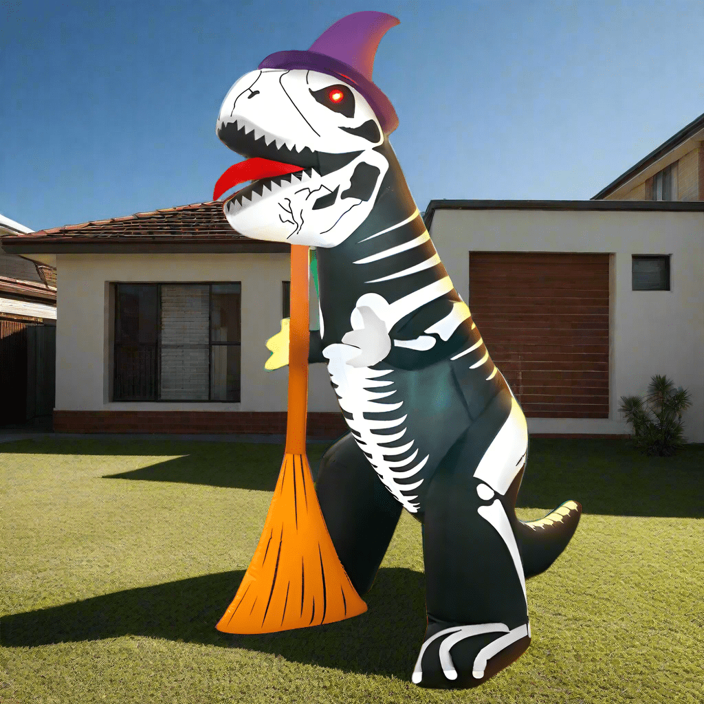 Inflatable Skeleton Dinosaur with Witch Hat and Broom - 240cm