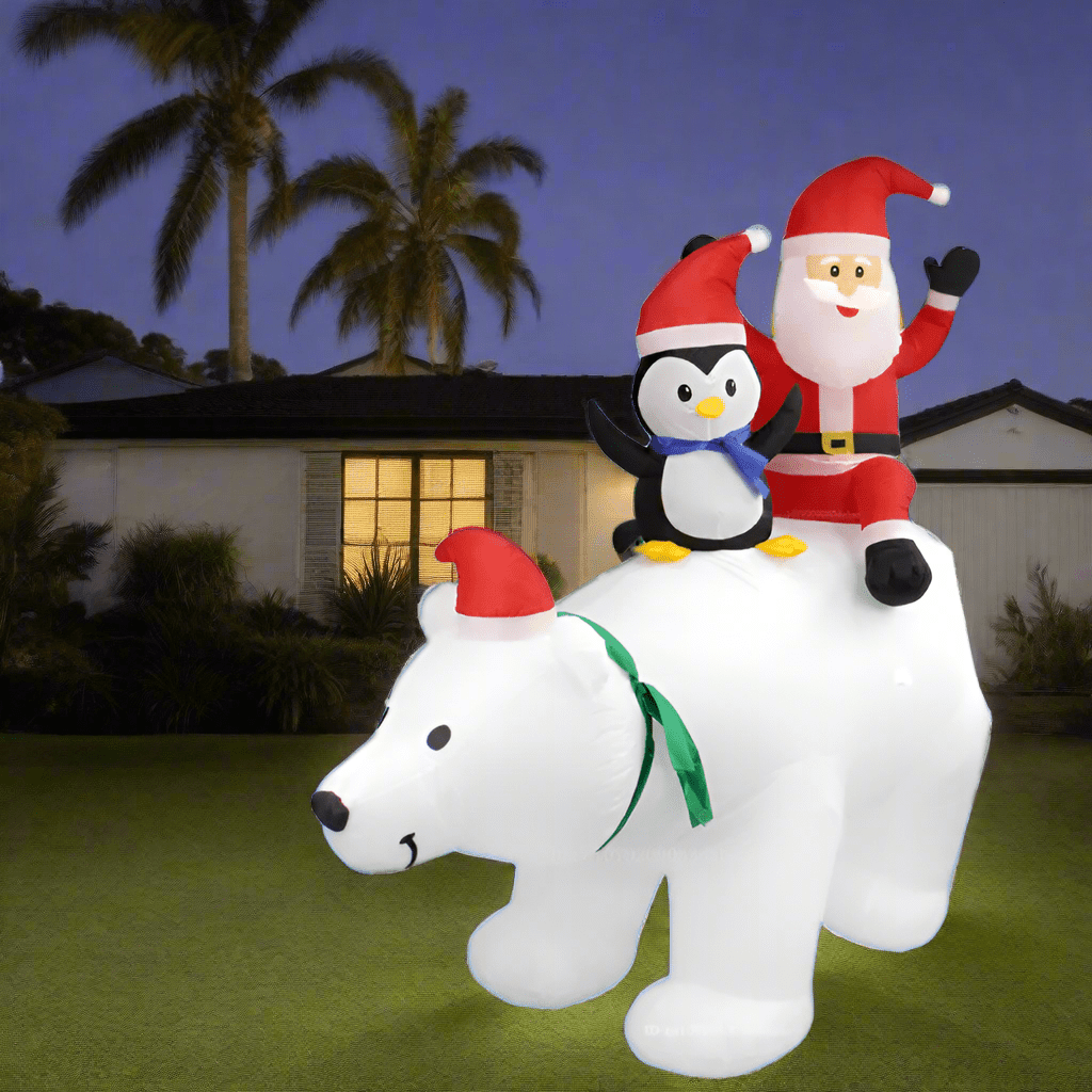 Santa and Penguin Riding on Polar Bear Inflatable - 240cm