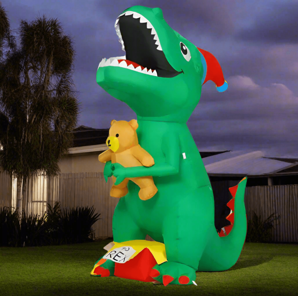 Santa Hat Dinosaur with Teddy Bear Inflatable - 200cm