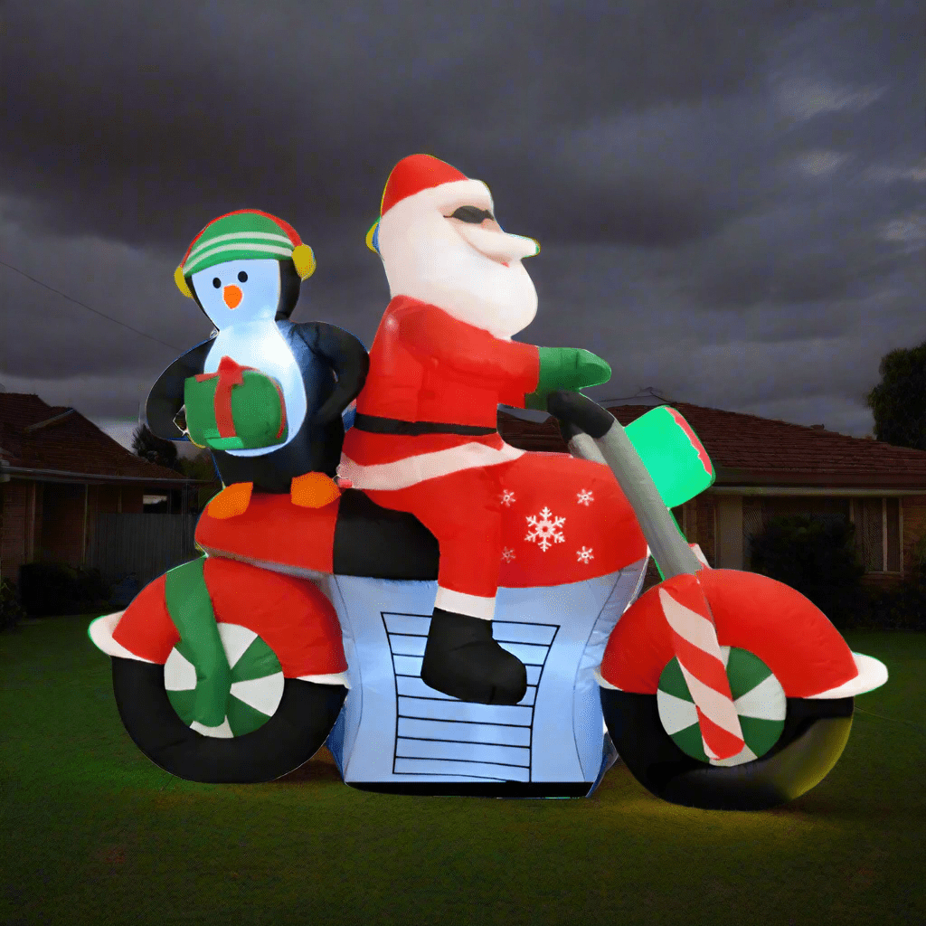 Santa on Motorcycle with Penguin and Present Inflatable - 180cm