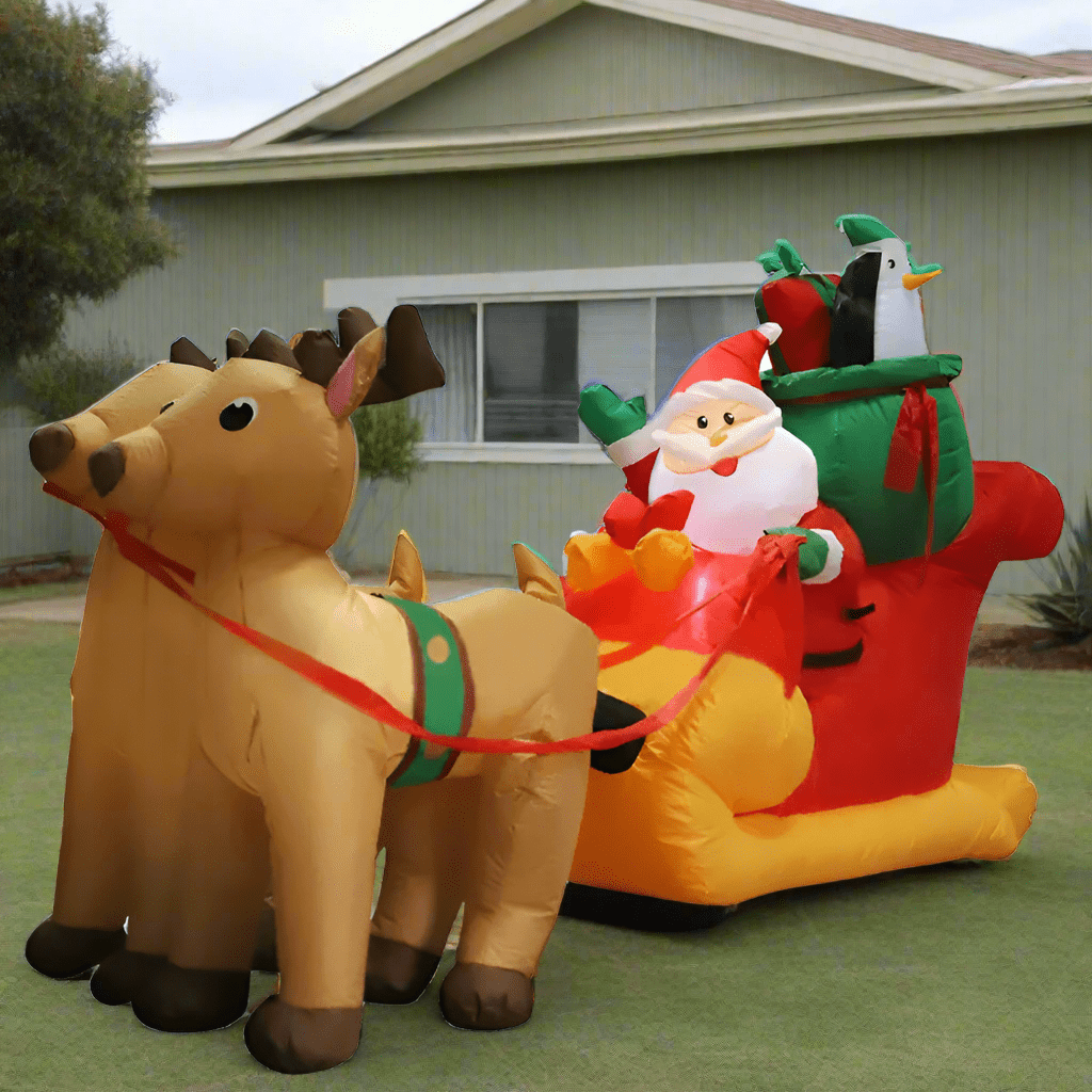Santa Sleigh with Reindeer and Penguin Inflatable - 220cm