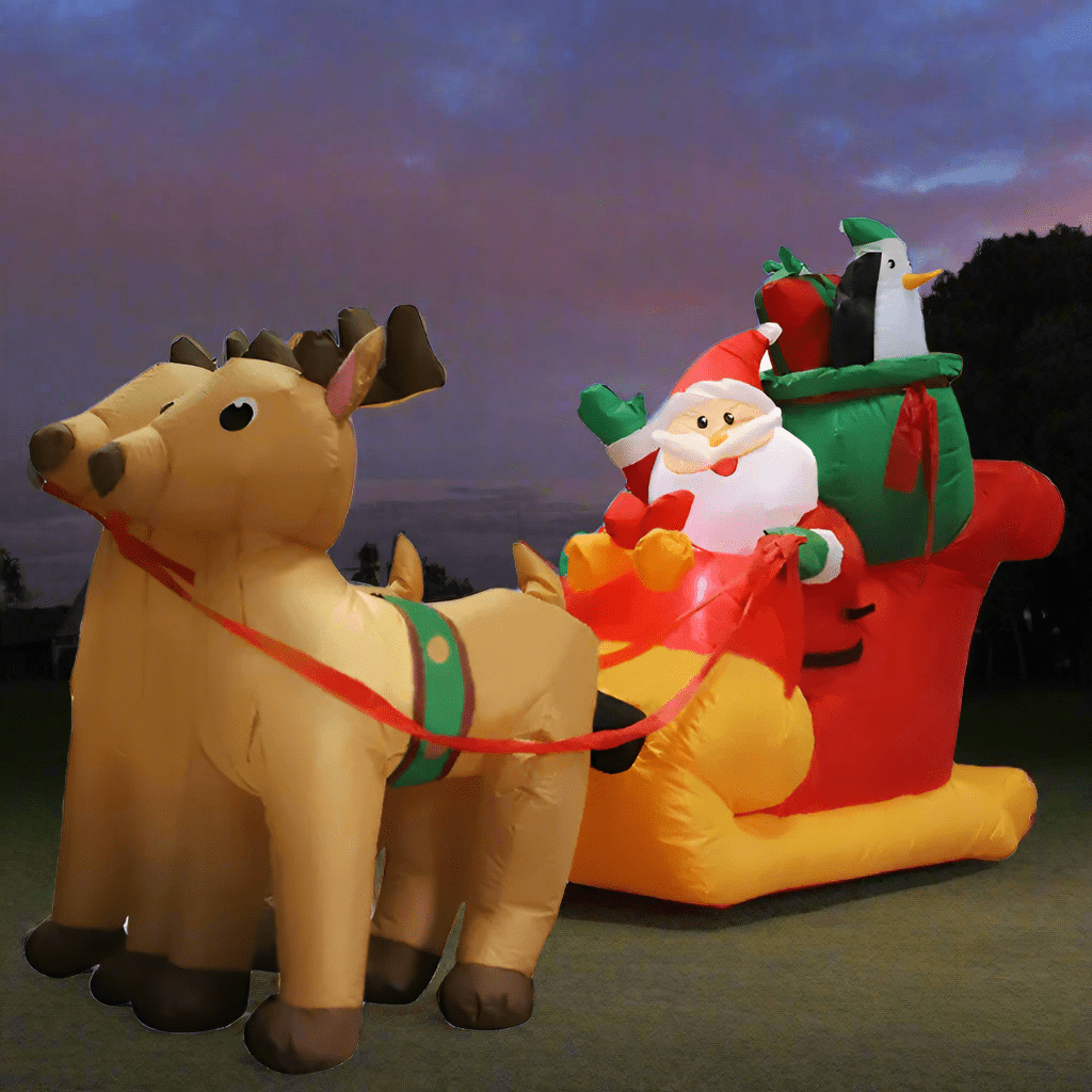 Santa Sleigh with Reindeer and Penguin Inflatable - 220cm
