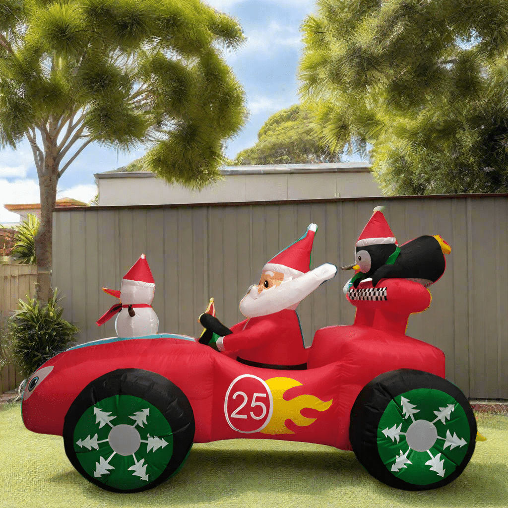 Santa, Snowman & Penguin in Christmas Race Car Inflatable - 250cm