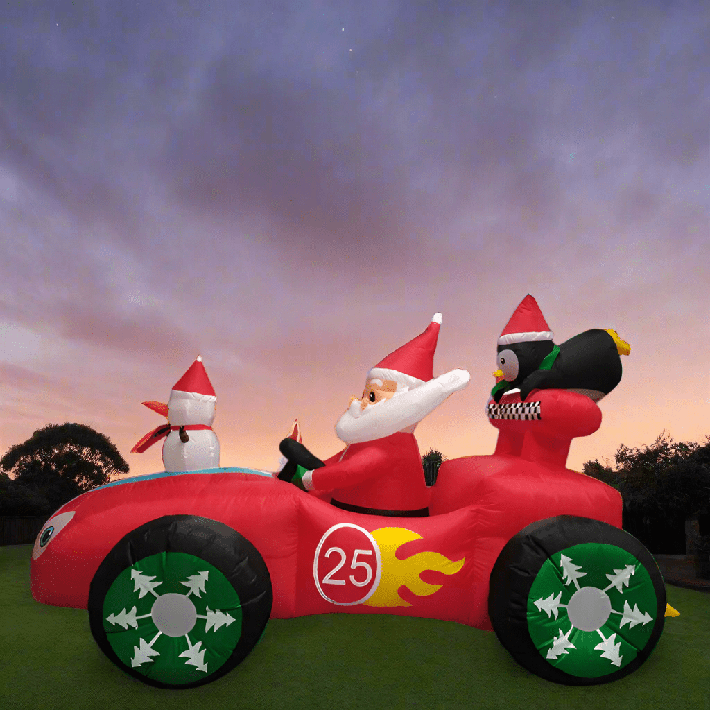 Santa, Snowman & Penguin in Christmas Race Car Inflatable - 250cm