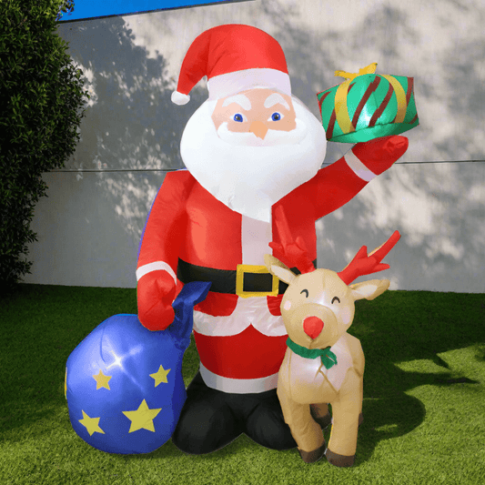 Santa with Gift Bag and Reindeer Inflatable - 180cm