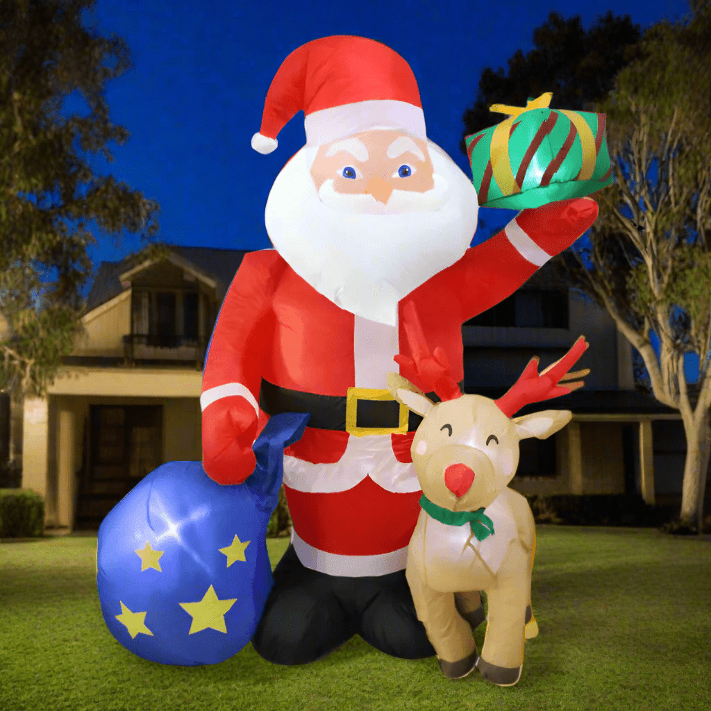 Santa with Gift Bag and Reindeer Inflatable - 180cm