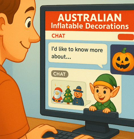 Person using a computer with a chat interface on the screen displaying 'Australian Inflatable Decorations'.