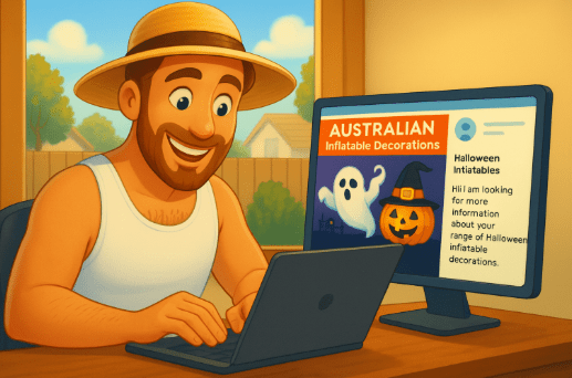 Cartoon character wearing a hat and tank top, using a laptop with a computer screen displaying Halloween decorations.