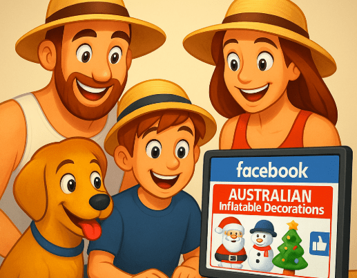 Cartoon family with a dog holding a tablet displaying Facebook Australian Inflatable Decorations.
