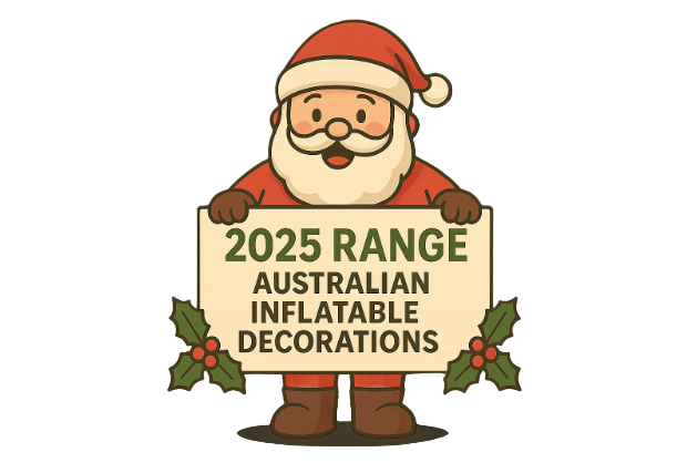 Cartoon Santa holding a sign for 2025 Australian inflatable decorations on a white background