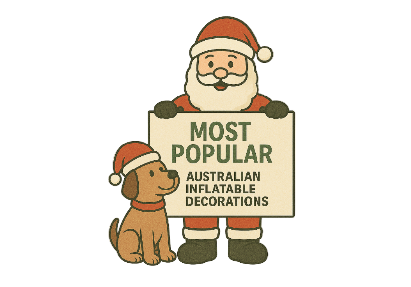 Cartoon Santa Claus and dog holding a sign about inflatable decorations on a white background