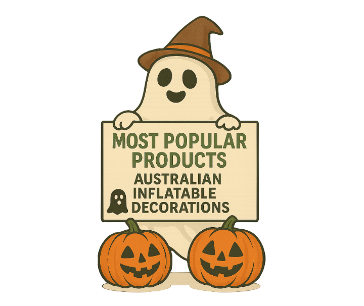 Ghost character holding a sign with Halloween-themed text and pumpkins on a white background