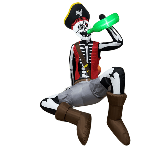 Inflatable pirate skeleton decoration in a Halloween-themed outdoor setting with pumpkins and tombstones.