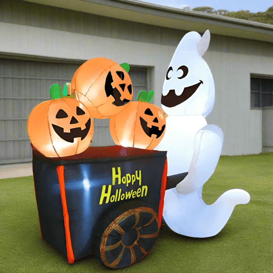 Halloween Inflatable Ghost Pushing Pumpkin Cart with Built - in LEDs - 180cm (1.8m)