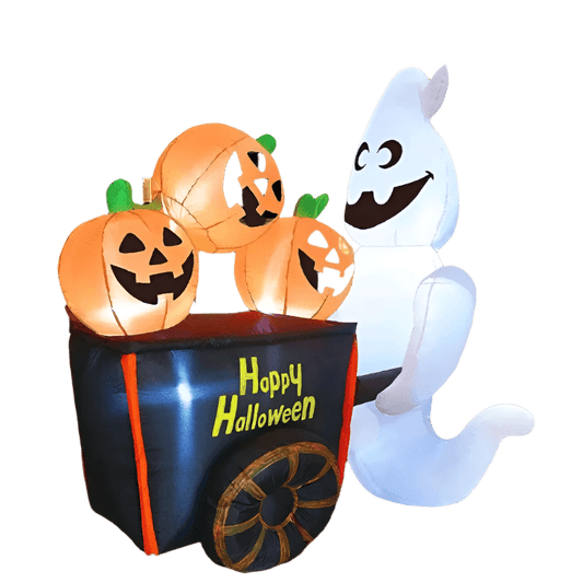 Halloween Inflatable Ghost Pushing Pumpkin Cart with Built - in LEDs - 180cm (1.8m)