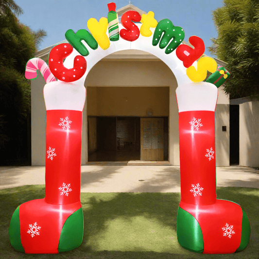 Inflatable Christmas arch with colorful letters on a white background
