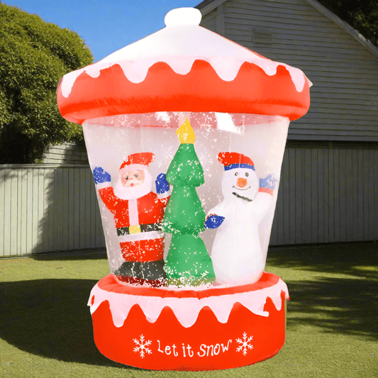 Christmas-themed snow globe with Santa, tree, and snowman inside on a white background
