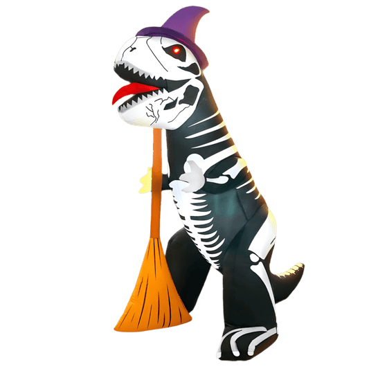 Inflatable Skeleton Dinosaur with Witch Hat and Broom - 240cm