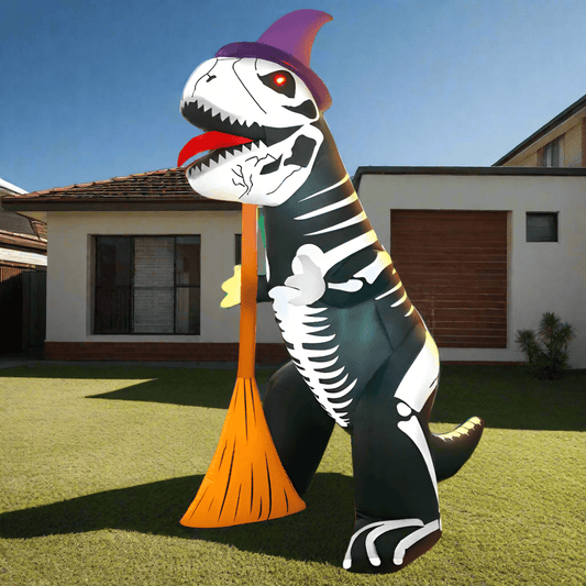 Inflatable Skeleton Dinosaur with Witch Hat and Broom - 240cm