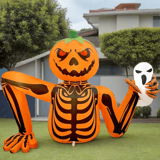 Pumpkin Skeleton with Ghost Mask Inflatable - 150cm
