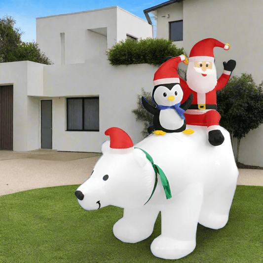 Santa and Penguin Riding on Polar Bear Inflatable - 240cm