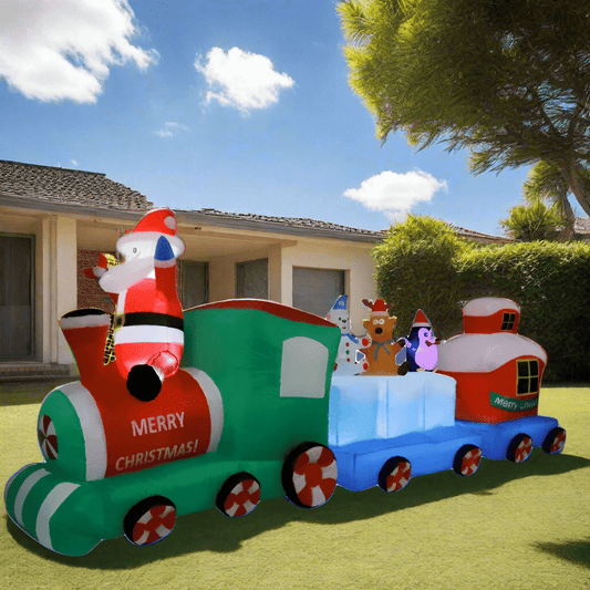 Inflatable Christmas train with Santa Claus and other characters on a white background