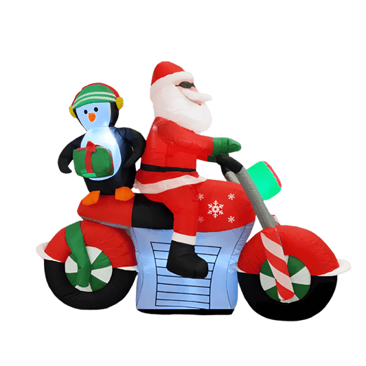 Santa on Motorcycle with Penguin and Present Inflatable - 180cm