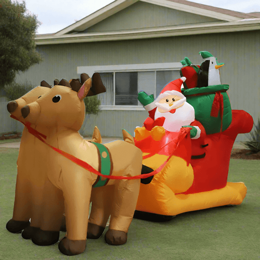Santa Sleigh with Reindeer and Penguin Inflatable - 220cm