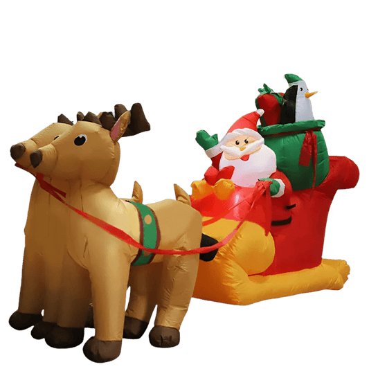 Santa Sleigh with Reindeer and Penguin Inflatable - 220cm