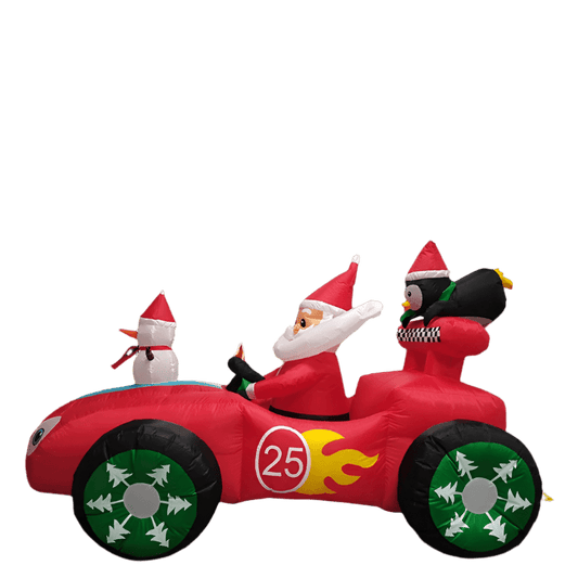 Santa, Snowman & Penguin in Christmas Race Car Inflatable - 250cm