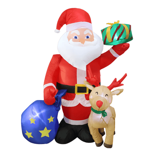 Santa with Gift Bag and Reindeer Inflatable - 180cm