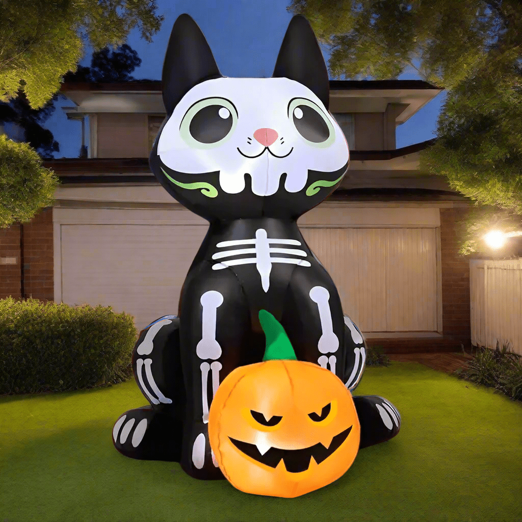 Skeleton Cat with Pumpkin Inflatable - 150cm