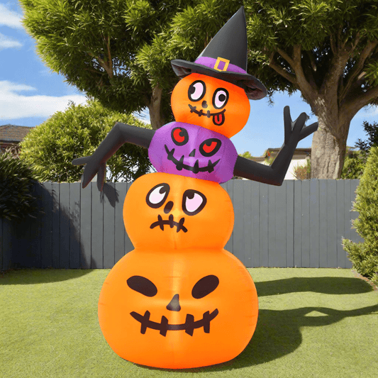 Stacked Halloween Pumpkins with Witch Hat Inflatable - 180cm